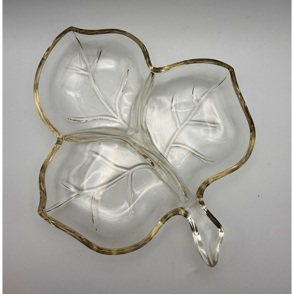Clear Glass Leaf-Shaped Divided Decorative Serving Tray Dish 8" x 7"